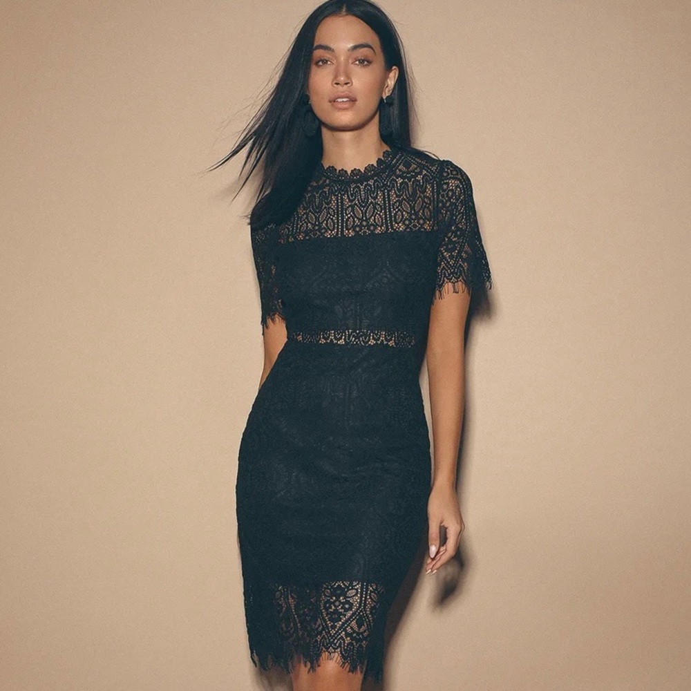 Lulus Remarkable Sheer Lace Short Sleeve Midi Dress in Black Size XS